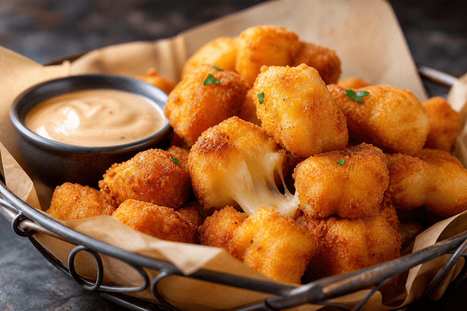 Crispy golden cheese curds in a rustic basket