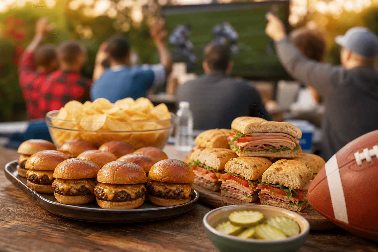 Game day catering spread with burger sliders, subs, and chips (no alcohol)