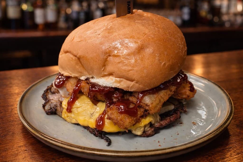 BBQ brisket smash burger on a brioche bun